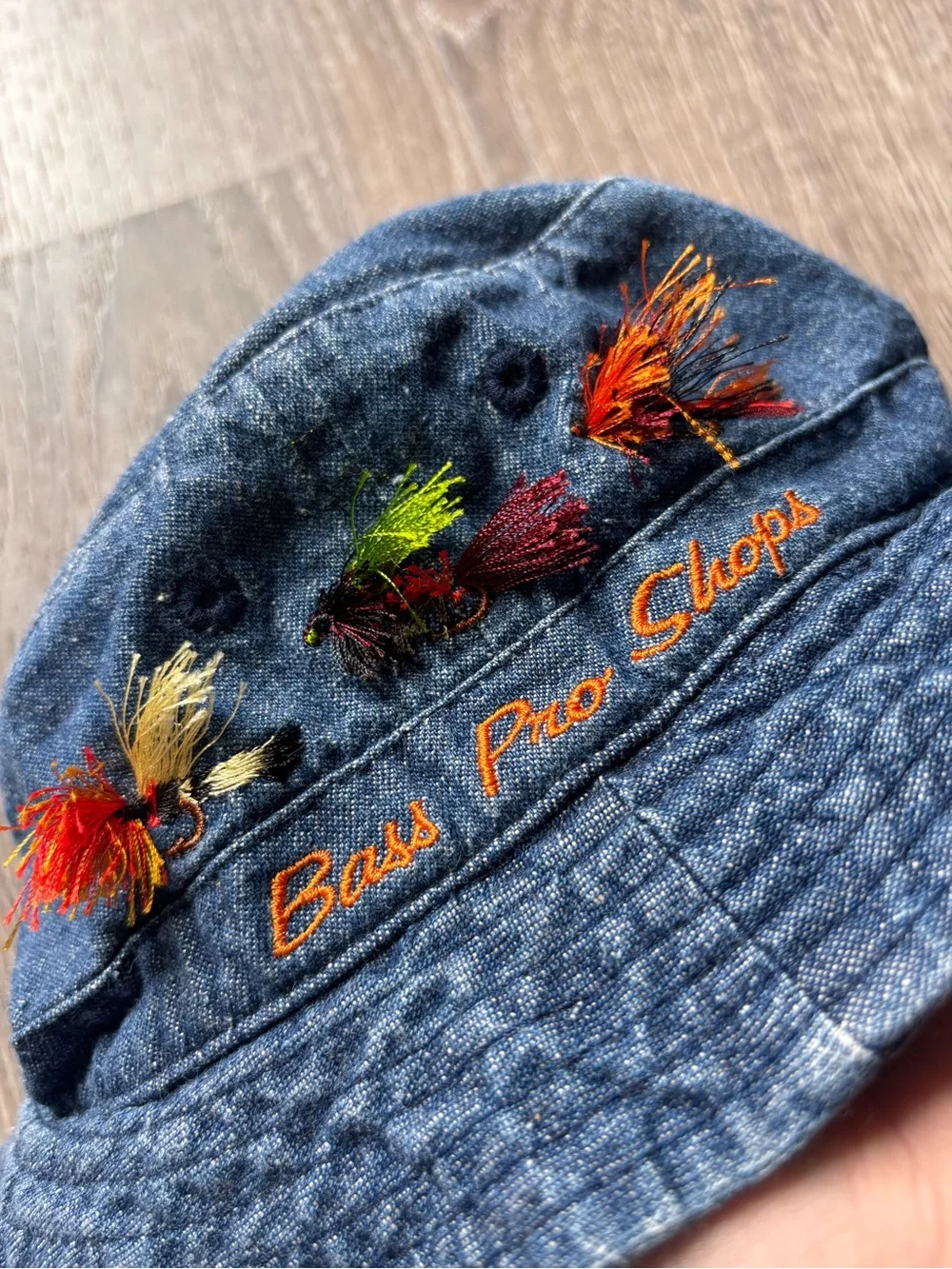 VintageBass Pro Shops Kids' Denim Bucket Hat with Fly Embroidery - Blue